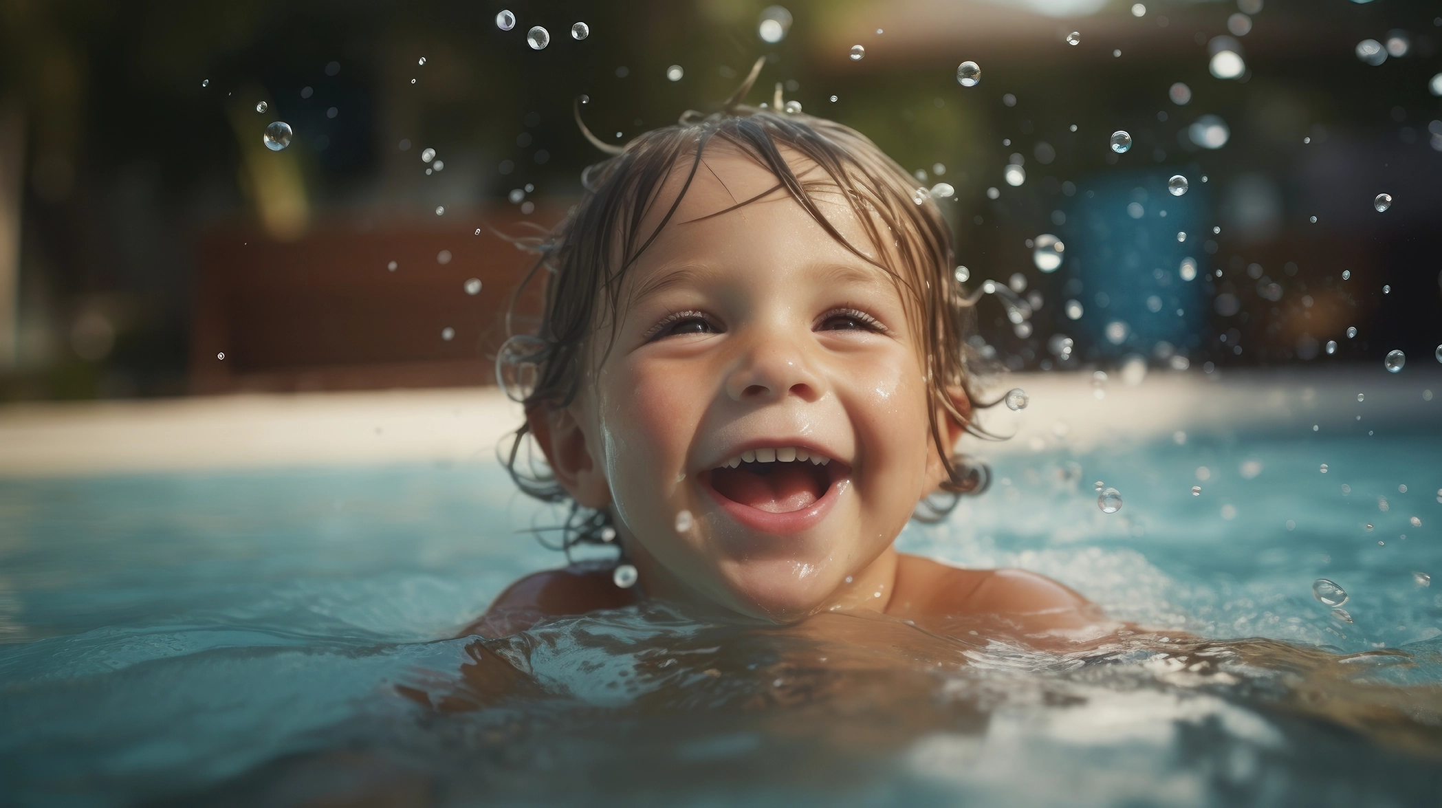 A young child smiles joyfully while swimming in a pool, with water droplets suspended in the air around their face, capturing a moment of fun and happiness on a sunny day.