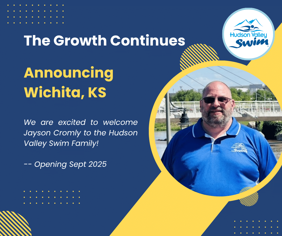 Announcement graphic for Hudson Valley Swim expanding to Wichita, KS. Includes a photo of a man in a blue Hudson Valley Swim shirt. Text welcomes Jayson Cromly and notes opening in September 2025.