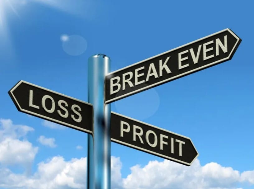 A signpost with three arrows labeled LOSS, BREAK EVEN, and PROFIT pointing in different directions against a blue sky with clouds.