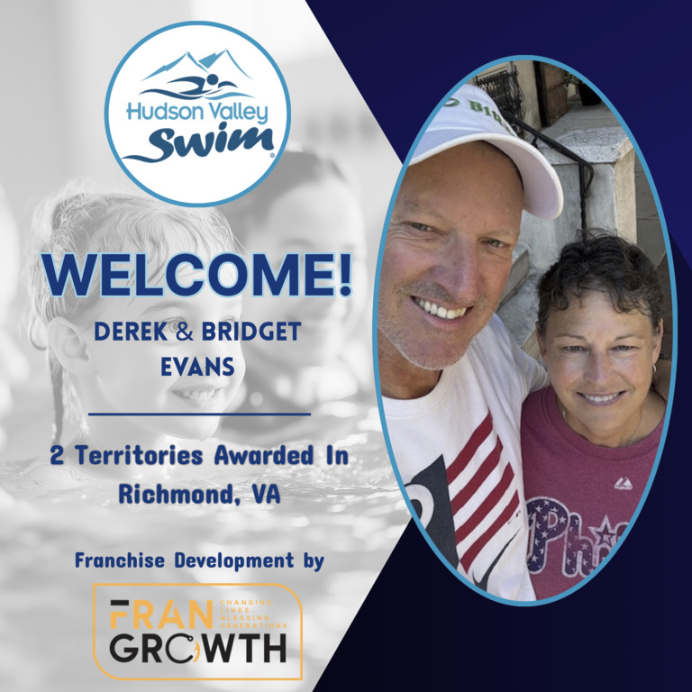 Hudson Valley Swim Richmond welcomes Derek and Bridget Evans with a smiling selfie, celebrating 2 territories awarded. Franchise development by FranGrowth. Blue and white background featuring vibrant swimming imagery. Hudson Valley Swim Richmond welcomes Derek and Bridget Evans with a smiling selfie, celebrating 2 territories awarded. Franchise development by FranGrowth. Blue and white background featuring vibrant swimming imagery.
