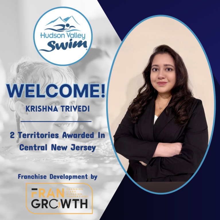 A welcome graphic for Hudson Valley Swim features a woman with long dark hair in a black blazer. Text reads: Welcome! Krishna Trivedi. 2 swim franchise territories awarded in Raritan Valley, Central New Jersey. Franchise development by FranGrowth. A welcome graphic for Hudson Valley Swim features a woman with long dark hair in a black blazer. Text reads: Welcome! Krishna Trivedi. 2 swim franchise territories awarded in Raritan Valley, Central New Jersey. Franchise development by FranGrowth.